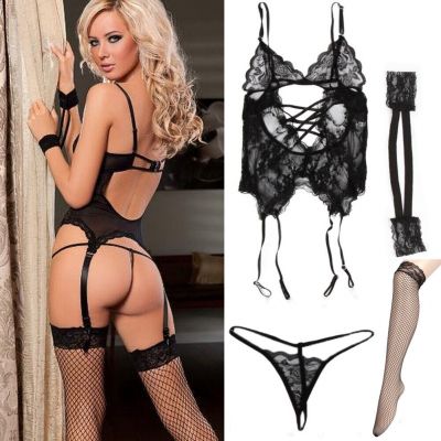 Women Sexy Lace Garter Belt Thigh-Highs Stockings Set G-string Lingerie Hosiery